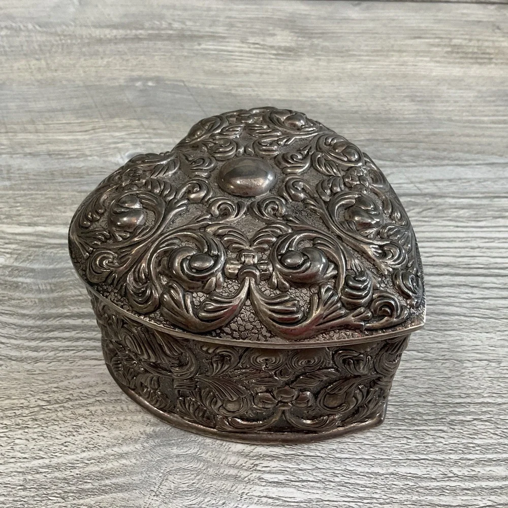 Vintage Heart Shaped Silver Tone Trinket Jewelry Box Blue Velvet Lined Embossed